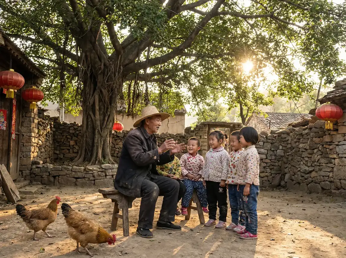 老人在大榕树下给孩子们讲故事 - 麻豆视传媒官方短视频网站 乡村记忆
